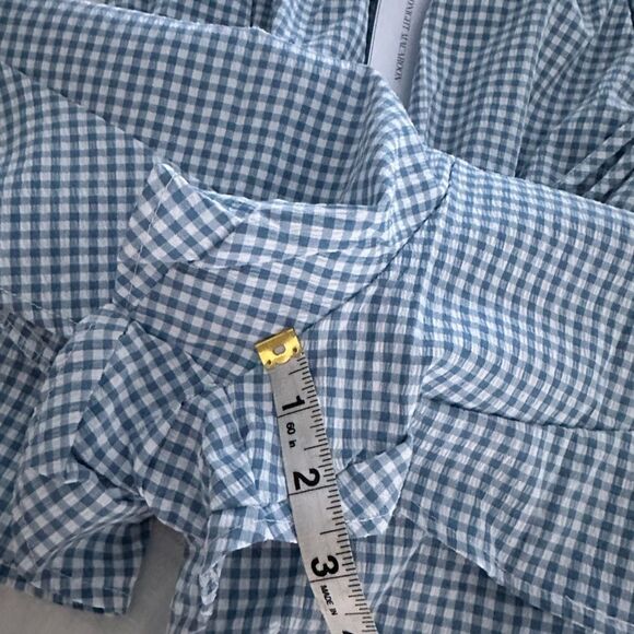 Goodnight Macaroon Gingham Tie Strap Ruffled Romper Blue White - Picture 2 of 7